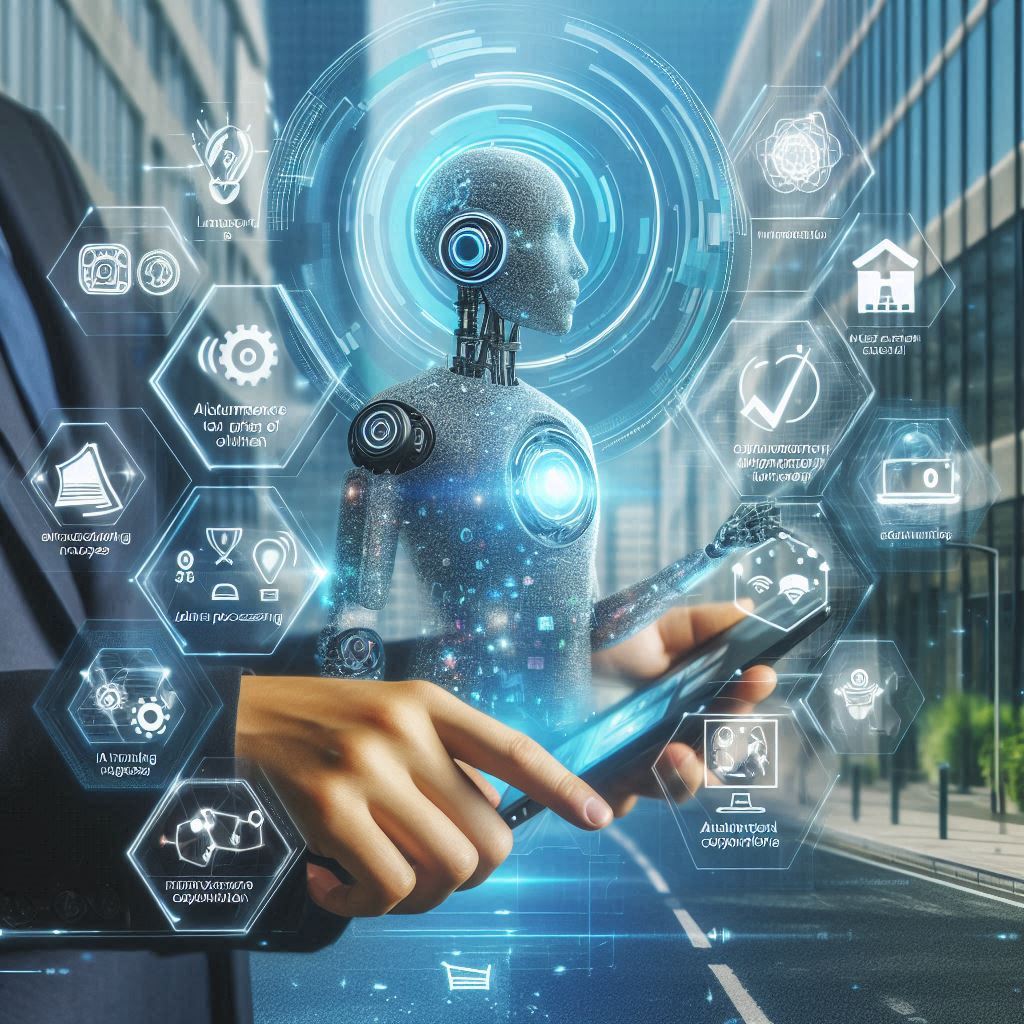 A futuristic representation of insurance mobile app development in 2025, showcasing seamless policy management, AI-driven claims processing, and customer-centric innovations