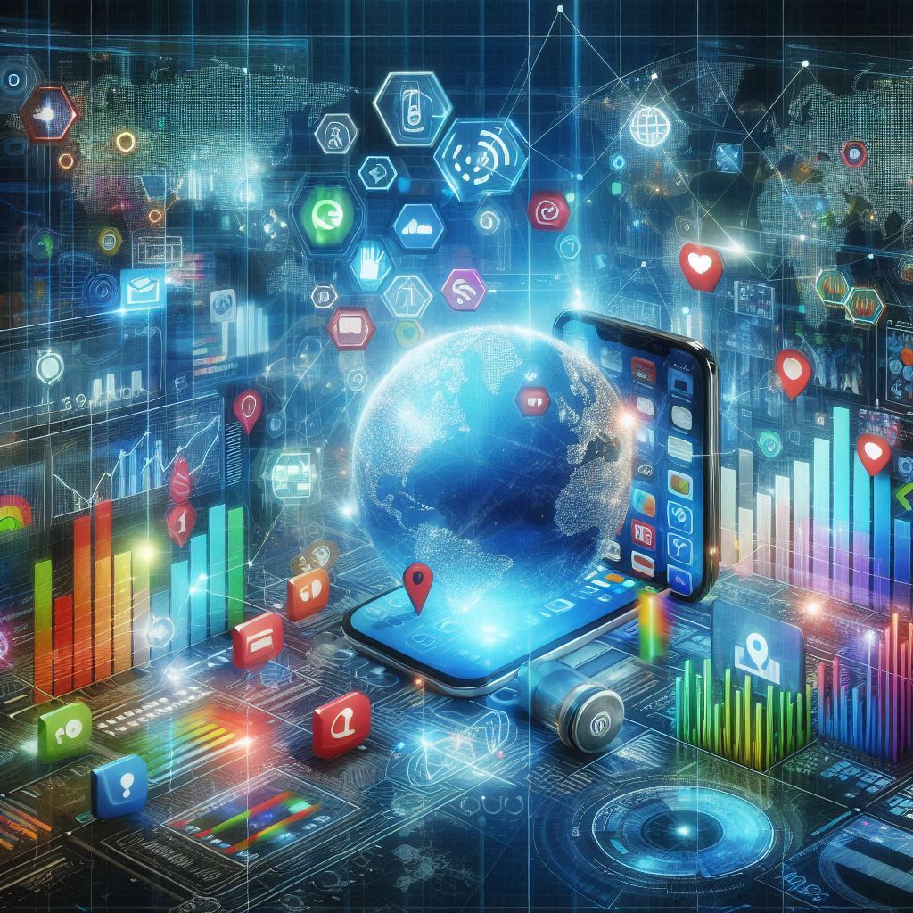 A futuristic representation of the iPhone app market growth in 2025, showcasing a dynamic and vibrant digital ecosystem with app icons, charts, and a global network theme