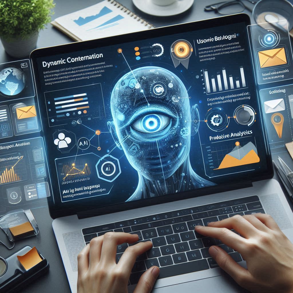 AI-powered dynamic content generation in email marketing, showcasing personalized, dynamic emails, user behavior analysis, and predictive analytics for engaging campaigns.